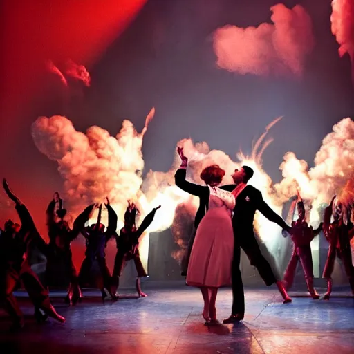 Image similar to award winning Production photo of the Hindenburg disaster the musical on broadway, dancing, singing, costumes by Julie Taymor, set design by Julie Taymor