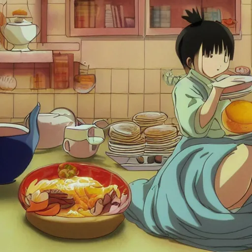 Prompt: yo mama is so fat when she skips a meal the stock market drops, anime, ghibli style dreamlike background