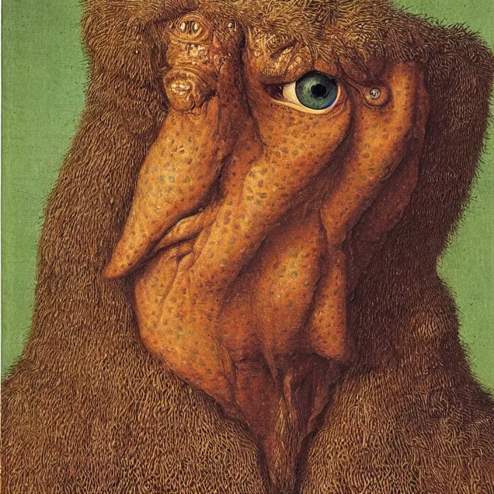 Image similar to close up portrait of a mutant monster creature with crystal eyes, small open pinky lips, fractal long eyelashes, cloth, needles. jan van eyck, audubon