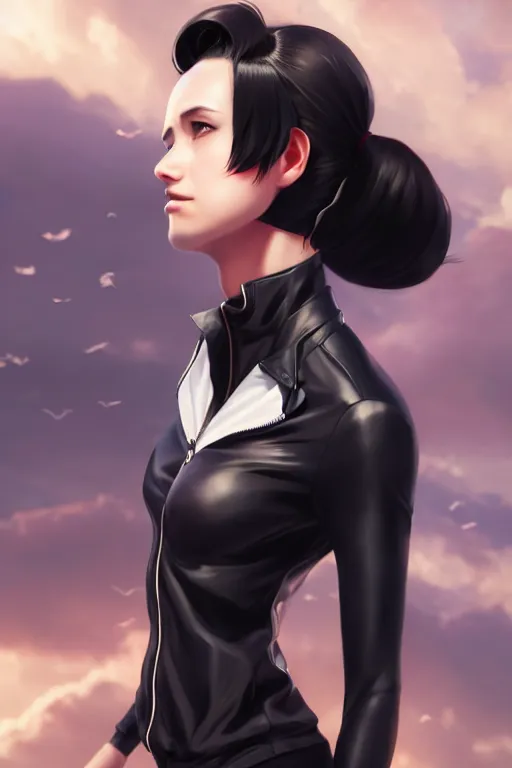 Image similar to black ponytail hair, pale woman in a black unzipped jacket, black shorts, by artgerm, beautiful render, matte painting, realistic, dynamic angle, wlop, loish, octane render, sharp focus, decadent, by greg rutkowski makoto shinkai