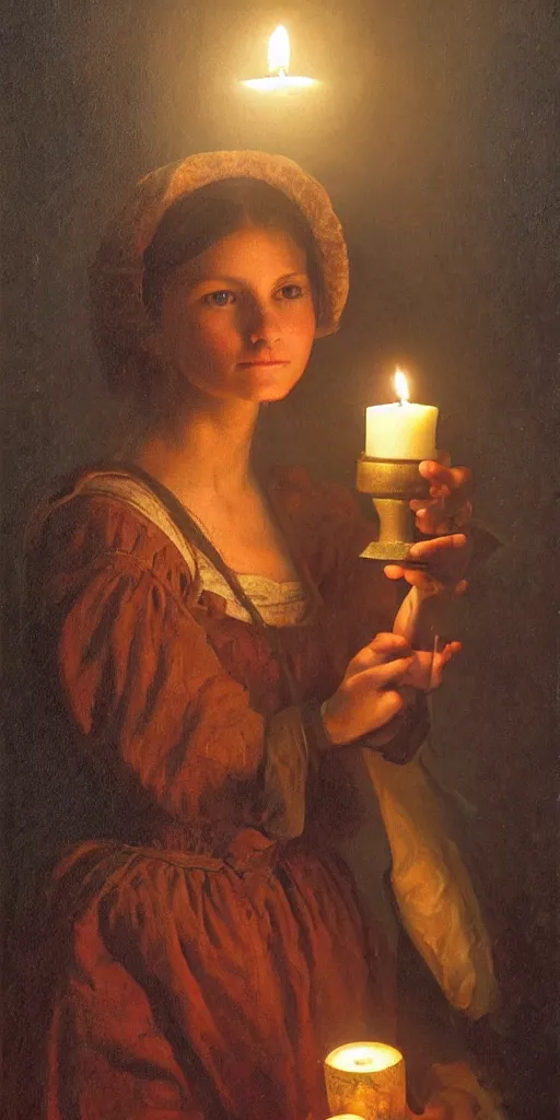 Image similar to Highly detailed and cinematic romantic period oil painting of a medieval peasant girl holding a candle, strong atmosphere, oil painting masterpiece by Josep Tapiró Baró, symmetry, fractals