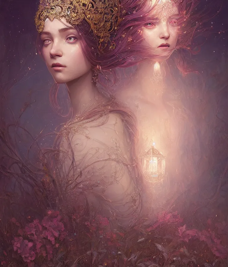 Image similar to highly detailed portrait of beautiful ethereal woman in ornate clothing, stephen bliss, unreal engine, fantasy art by greg rutkowski, loish, rhads, ferdinand knab, makoto shinkai and lois van baarle, ilya kuvshinov, rossdraws, tom bagshaw, global illumination, radiant light, detailed and intricate environment