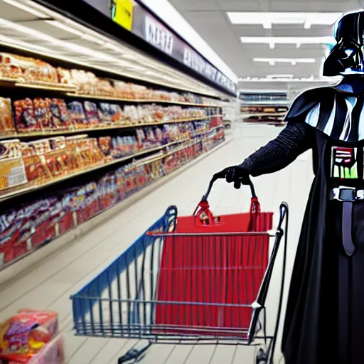 Image similar to A still of a Darth Vader shopping for groceries, 4k, 35mm, photograph, photoreal, ultra realistic, highly detailed, professional lighting