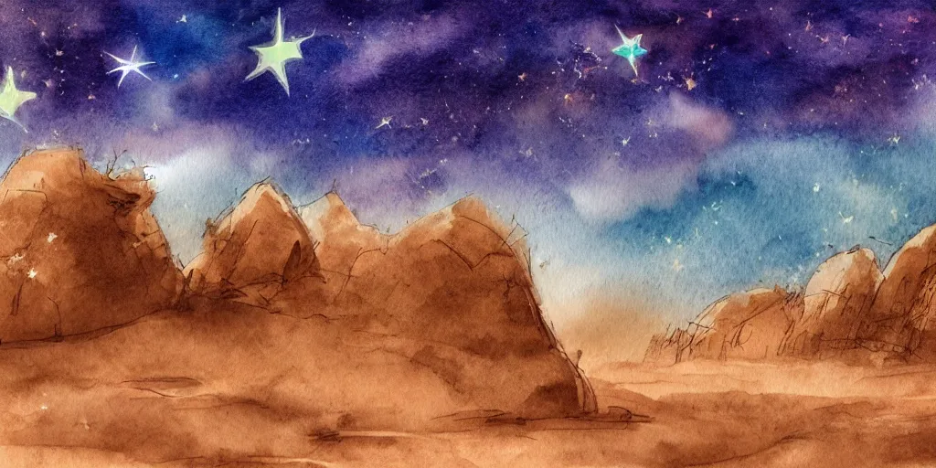 Image similar to desert with sky with stars in watercolor, cinematic, highly detailed wide, atmospheric lighting, muted colors