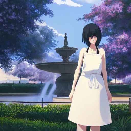 Prompt: a beautiful full body portrait of a young woman wearing a white apron standing in front of a fountain in a park, makoto shinkai, james gilleard, very detailed, matte, gaussian blur, tone mapped William-Adolphe