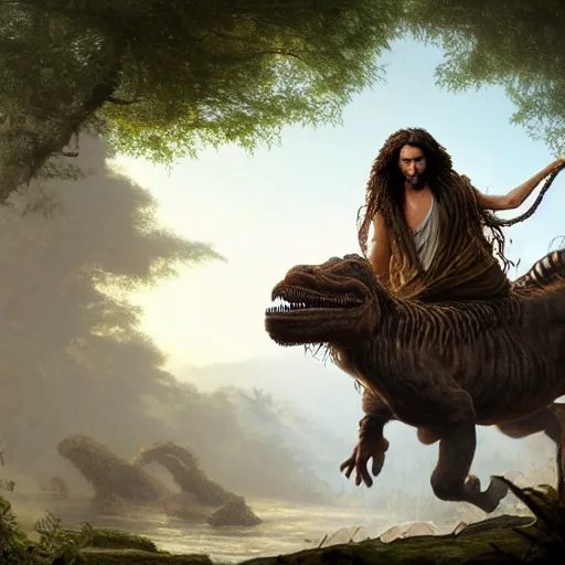 Prompt: a detailed matte painting of a ridiculously good looking jesus with long braided and curly hair riding a tyrannosaurus rex, elegant ancient greek dress, jungle as the background, drinking a martini, wearing a jean jacket and a beenie, very detailed, beautiful, intricate, art by greg rutkowski and rembrandt, octane render