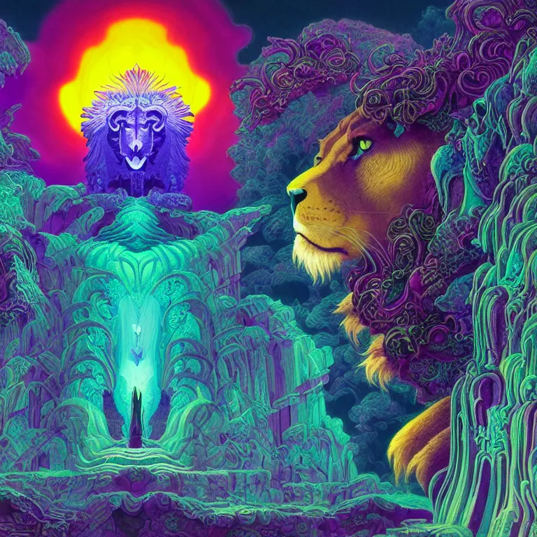 Image similar to mysterious winged lion over crystal temple, infinite fractal tesseract, quantum waves, synthwave, bright neon colors, highly detailed, cinematic, eyvind earle, tim white, philippe druillet, roger dean, ernst haeckel, lisa frank, aubrey beardsley, kubrick