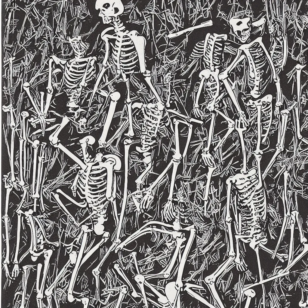 Image similar to vintage risograph of cartoon skeleton