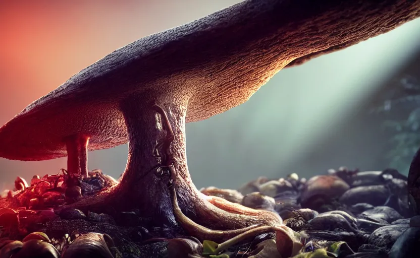 Image similar to a beautiful render of an alien mushroom growing out of a human a skull in a rainforest, sunset lighting, intricate detail, hazy, humid, volumetric lighting, god rays, 8 k, photorealistic, raytracing effects, unreal engine 5