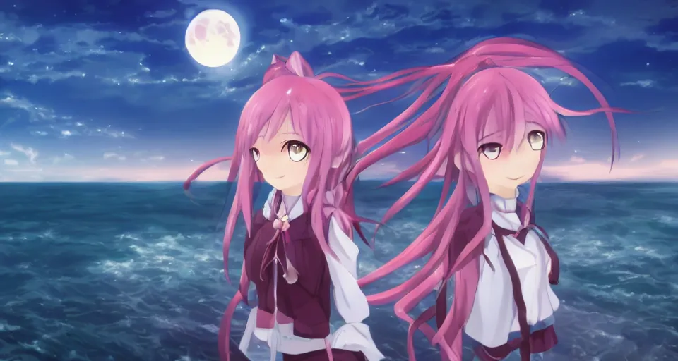 Prompt: one anime girl based on Puella Magi Madoka Magica on a pier with the ocean as background at twilight, her blue eyes are looking at the camera, cute, big moon above the water, colorful, magical, detailed face, 8k