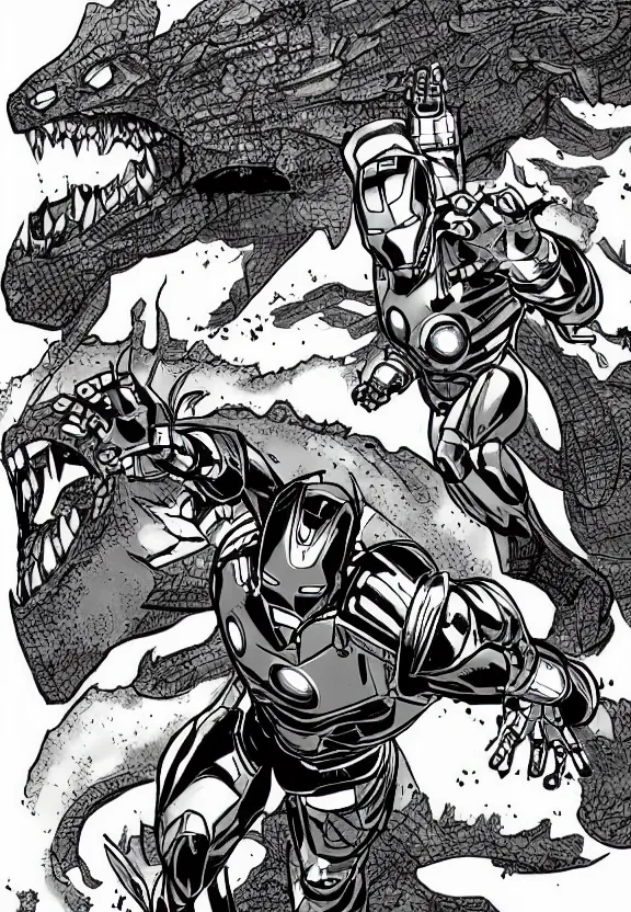 Image similar to iron man fighting a giant kaiju, comic book style illustration