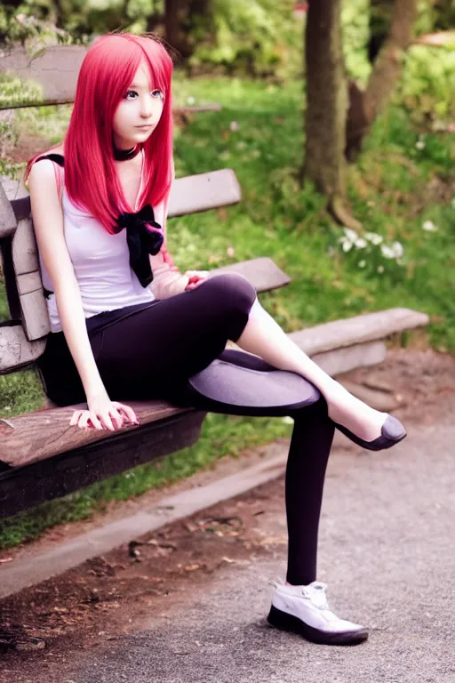 Image similar to anime style girl sitting on a bench