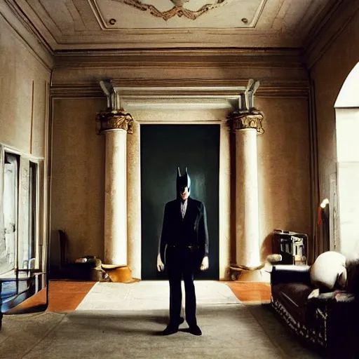 Image similar to Batman standing in giant Italian modern castle living room, clean minimalist design, that is 1300 feet tall, with very tall giant walls filled with modern art paintings, doors that are cosmic portals, photo by Annie Leibovitz