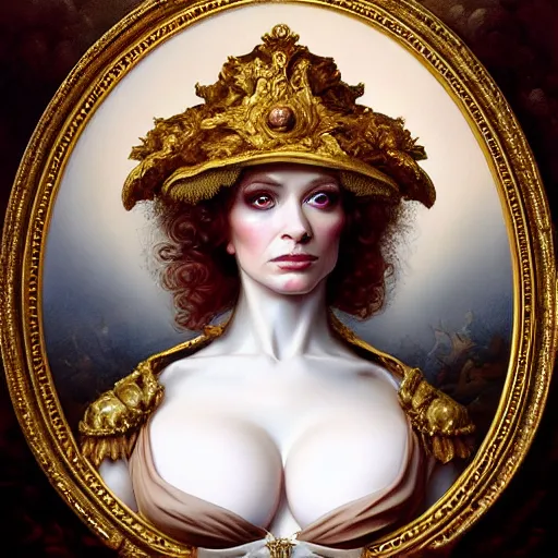 Image similar to clothed, christina hendricks dressed as napoleon - bonaparte, baroque painting, intricate, elegant, highly detailed, centered, digital painting, artstation, concept art, smooth, sharp focus, illustration, artgerm, tomasz alen kopera, peter mohrbacher, donato giancola, joseph christian leyendecker, wlop, boris vallejo