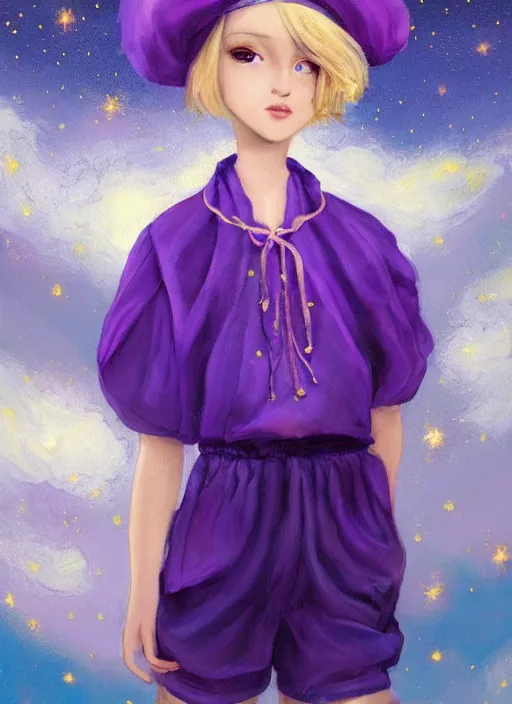 Prompt: A painting of a beautiful and mysterious young girl with short blond hair wearing an oversized purple Beret, Baggy Purple overall shorts, Short Puffy pants made of silk, silk shoes, a big billowy scarf, Golden Ribbon, and white leggings Covered in stars. Short Hair. Sunlit. Haute Couture. Dreamlike. Cloudscape. Fantasy Illustration. Art by william-adolphe bouguereau and Alexandre Cabanel and Anna Dittmann and WLOP and Artgerm and Johannes Helgeson. Smooth. Elegant. Highly Detailed. Intricate. 4K. UHD. Denoise.