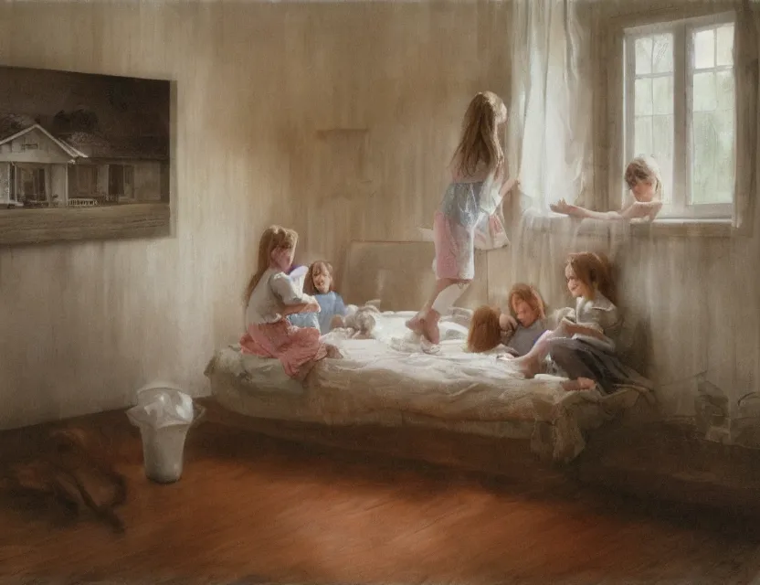 Image similar to kids playing in country house, cottage core, cinematic focus, polaroid photo bleached vintage pastel colors high - key lighting, soft lights, foggy, by steve hanks, by lisa yuskavage, by serov valentin, by tarkovsky, 8 k render, detailed, oil on canvas