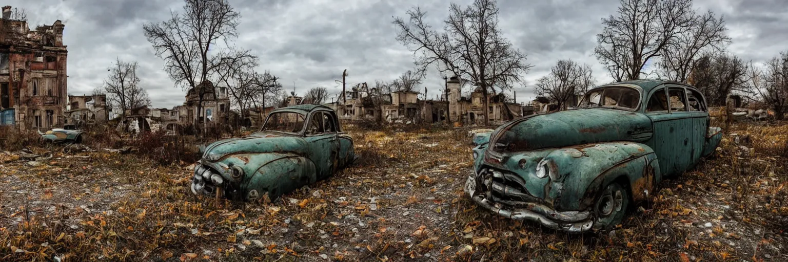 Image similar to low wide angle shot of dilapidated fallout 5 europa, retro futuristic overgrown euro rural town, desolate, dilapidated houses, few rusted retro futuristic vintage parked vehicles like cars, one shiny vintage motor, volumetric lighting, photorealistic, daytime, autumn, cold sunny weather, sharp focus, ultra detailed, 4 2 0 0 k