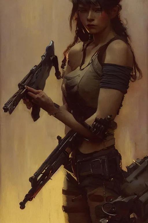 Image similar to portrait max mad cyberpunk, girl with a rifle character design, painting by gaston bussiere, katsuya terada, nc wyeth, greg rutkowski, craig mullins, vermeer, frank frazetta, tom of finland, trending on artstation, jeffery catherine jones