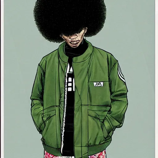 Image similar to illustration by katsuhiro otomo, black man with afro hair, stubble, wearing an adidas army green jacket, in the streets of tokyo, akira style, by katsuhiro otomo