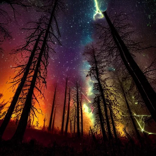 Prompt: A dark forest at night where you can see the Orion Nebula in the sky through the trees, highly detailed, gorgeous lighting, photo realistic, colorful 4k