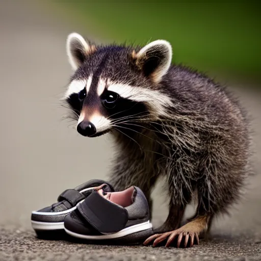 Image similar to a cute baby raccoon playing with a white sneaker shoe, strings undone, 5 0 mm f 1. 4, soft lighting