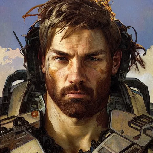 Prompt: portrait of rugged spartan, halo, handsome, fantasy, art by greg rutkowski and alphonse mucha