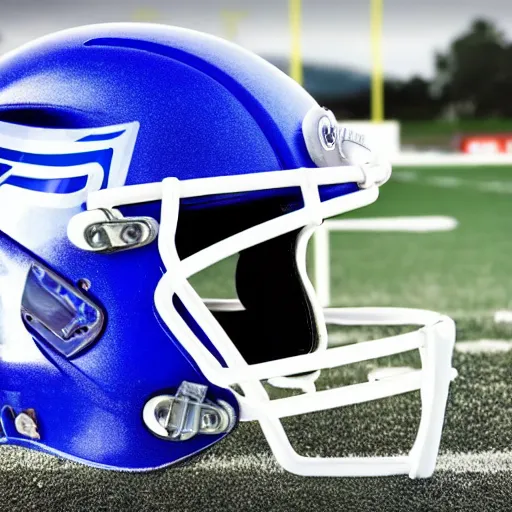 Prompt: A still of a royal blue college football helmet, 8k, hyperrealistic