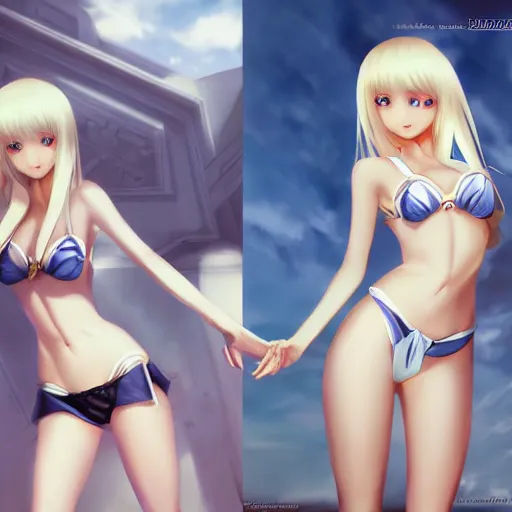 Image similar to tiny father a tall daughter picture : a very beautiful young blond anime girl, sky blue eyes, bikini, white miniskirt, highly detailed, cinematic wallpaper by stanley artgerm lau
