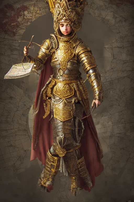 Prompt: hyperdetailed matte illustration of a female knight wearing an ornate gold headpiece and holding a flower with a map of the collective subconscious in the background by octane render