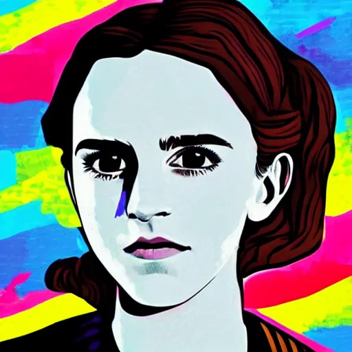 Prompt: rainbow emma watson age 1 3 as hermione. pop art.