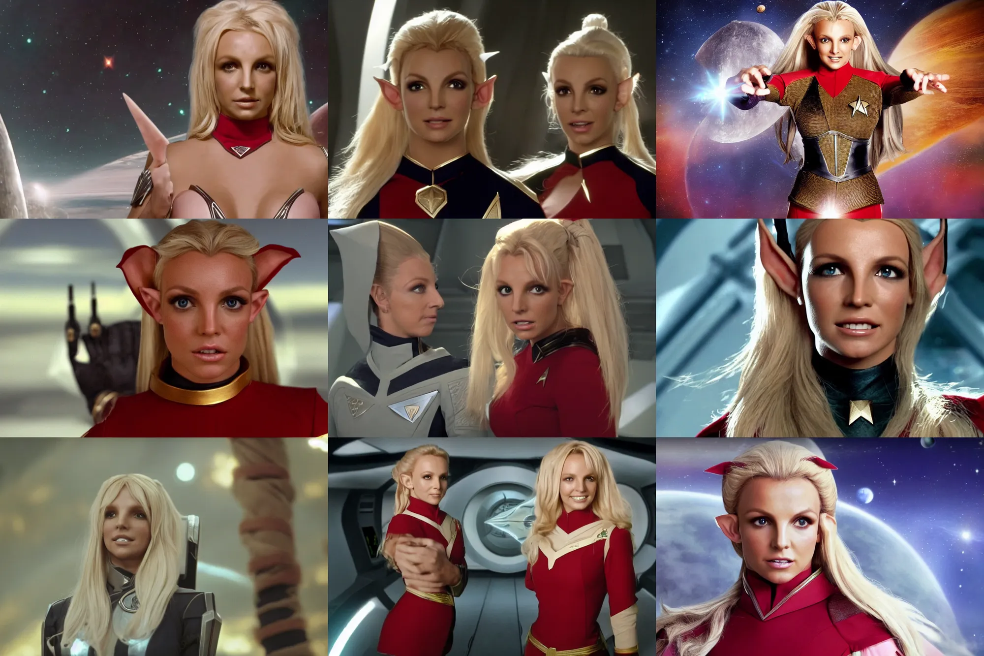 Prompt: 4K video of young attractive high-fantasy elf (played by Britney Spears) in a Starfleet uniform in Star Trek, scene where she is on Deep Space Nine, photorealistic, soft light, cinematic lighting, sharp, camera