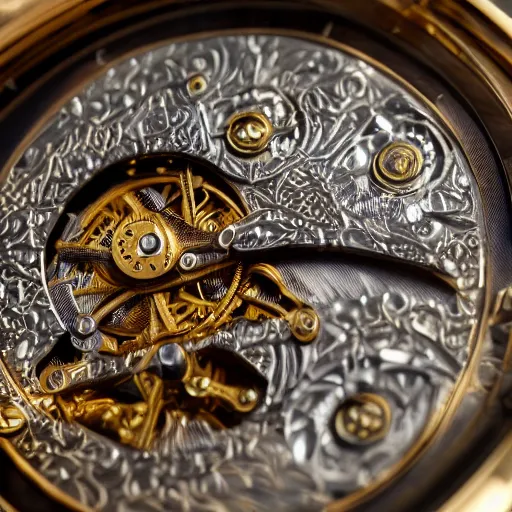 Prompt: a macro photo of a gold and silver mechanical pocketwatch, close - up, intricately detailed engravings, intricately detailed markings, intricate textures, warm lighting, vivid colors, realistic octane render, hyper realistic render, volumetric shading, depth of field, raytracing, 8 k,