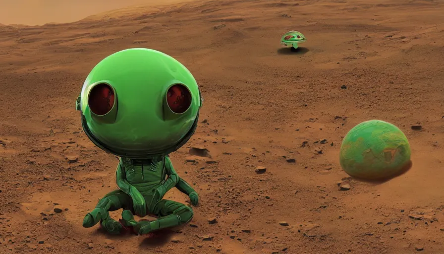 Prompt: Lone green Martian on Mars sitting in the middle of nowhere, hyperdetailed, artstation, cgsociety, 8k