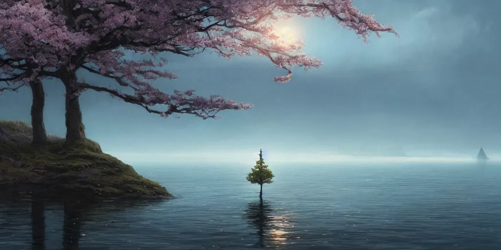 Prompt: a single sakura tree upon a lake, viewed from a distance, stephen bliss, unreal engine, illustration, fantasy art by greg rutkowski, loish, rhads, ferdinand knab, makoto shinkai and lois van baarle, ilya kuvshinov, rossdraws, tom bagshaw, global illumination, radiant light, minimalist, detailed and intricate environment