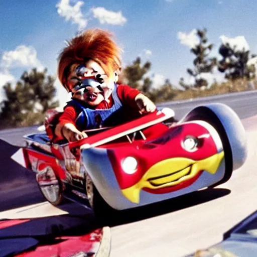 Image similar to chucky driving a race car, movie still