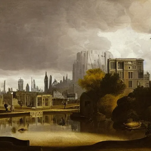 Prompt: by pieter claesz gouache tired. conceptual art. a cityscape in which tall, imposing buildings loom over a small city park. the scene is suffused with a eerie, light, & the overall effect is one of foreboding & menace.