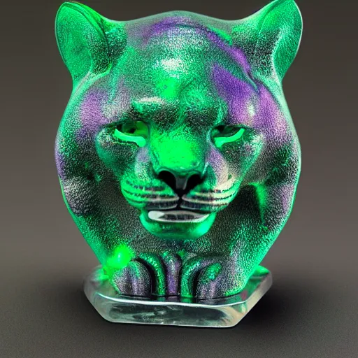 Prompt: Emerald Jaguar sculpture with glowing purple eyes