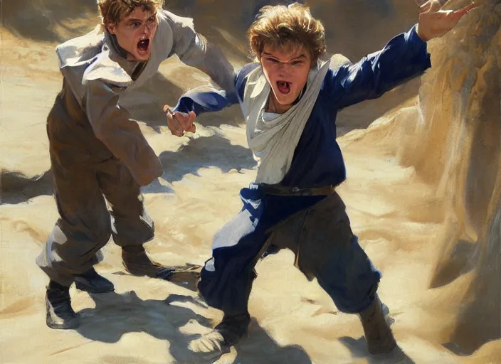 Image similar to a highly detailed beautiful portrait of 2 0 years old anakin skywalker hissing at sand, by gregory manchess, james gurney, james jean