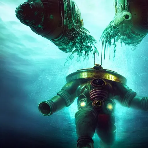 Image similar to rapture bioshock, city at sea floor, water, submerged, seaweed, fish, realistic, detailed, underwater, dark, underwater underwater underwater underwater underwater