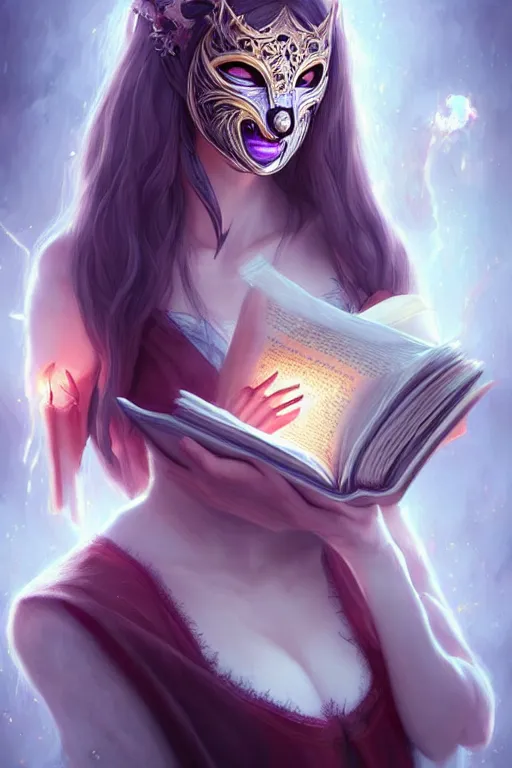 Image similar to gorgeous!!! hyper - realstic sorceress with a kitsune mask, holding a tattered book, casting a spell | drawn by wlop, drawn by jeehyung lee, drawn by artgerm | intricate, highly detailed, digital painting, character design, concept art, illustration, artstation