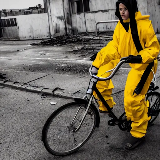 Image similar to a photo of a female wearing a hazmat suit, riding a bike, side-view, smoke in the background, filthy streets, broken cars. Vines growing. Jpeg artifacts. Full-color photo. Color color color color color. Award-winning photo. OM system 12–40mm PRO II 40mm, 1/100 sec, f/2 8, ISO 800