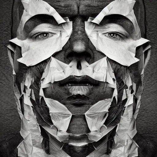 Image similar to man face shredded like paper peeling, dark, surreal, illustration, by ally burke