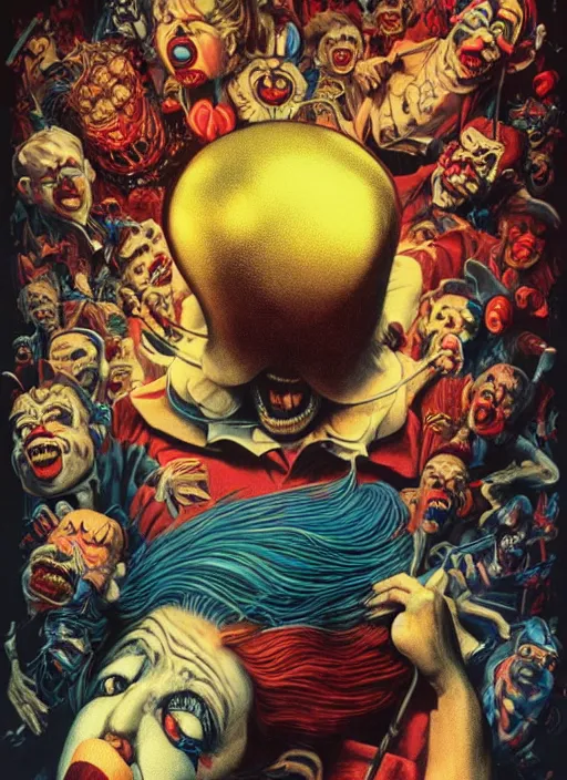 Image similar to donald trump is a disgusting clown, grotesque, horror, high details, intricate details, by vincent di fate, artgerm julie bell beeple, 1 9 8 0 s, inking, vintage 8 0 s print, screen print