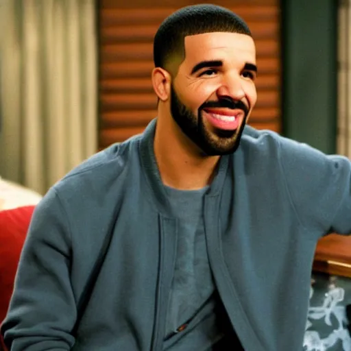 Prompt: a still photo of Drake starring in a sitcom in the 1990s, cinematic