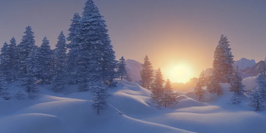 Image similar to a beautiful landscape, sun rises between two snowy mountains, 3 d artwork by phillipp urlich, unreal engine 5, extremely detailed, hyper realism