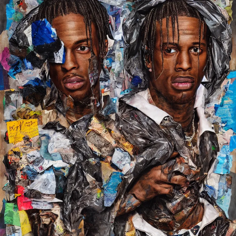 Image similar to rendered in blender travis scott with a trash bag on his head, collage paper and tape, acrylic on canvas, hyperrealism mixed with expressionism, high resolution, cinematic, unreal 6, breathtaking detailed, by blake neubert