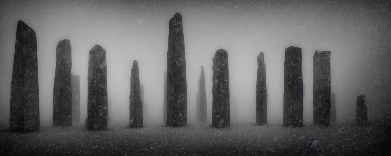 Prompt: a photograph of skyscrapers stand isolated like neolithic standing stones, hundreds of tiny illuminated windows shimmer in the buildings, backlit, by sarah moon and joel peter witkin, 1 8 0 0 s vintage, grainy, snow, highly detailed, gloomy and foggy atmosphere, octane render, cinematic lighting, photographic emulsion cracked and peeling, tri - x, 8 k, hd