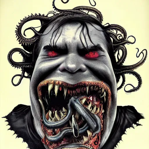 Prompt: jack black's horror version. an unnatural abomination with long teeth, many tentacles, and gray skin. grunge, horror, dmt, dark and muted colors, detailed airbrush art, by yves klein