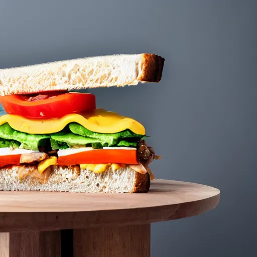 Image similar to sandwich breath that inside has tofu, tomato, onion, avocado and cheddar, over a dish and over a table, sunset background with saturn in the sky, studio photo, amazing light