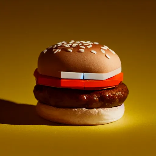 Image similar to a LEGO hamburger, photograph in a dark room, low light 35mm